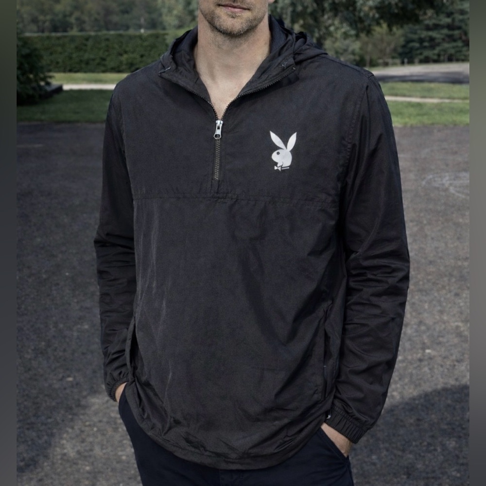 -Playboy by Pacsun Windbreaker 1/4 Zip Logos Front/Back Black/White Hooded Small